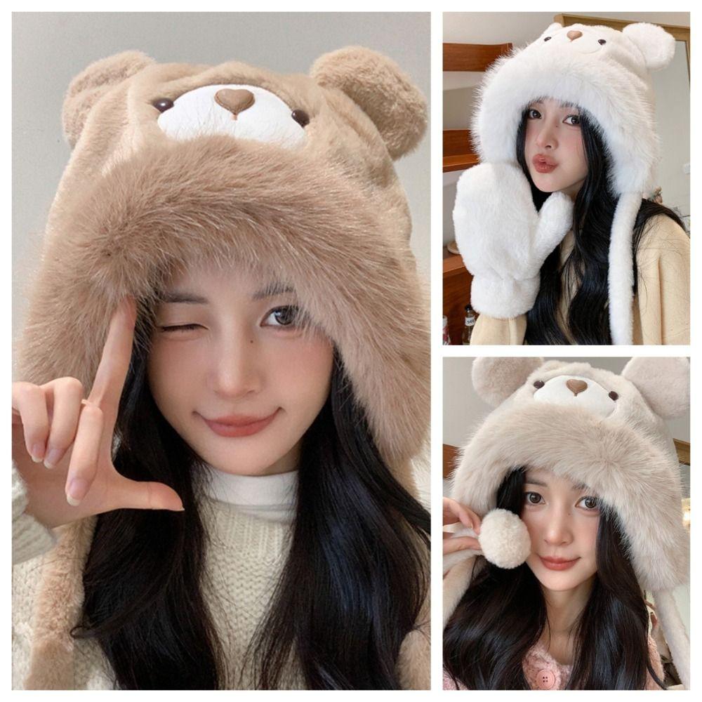 Плюшевая шапка-пуловер с милыми медвежьими ушками, теплая зимняя шапка, креативная шапка-бини с медвежьими ушками, женская/для девочек