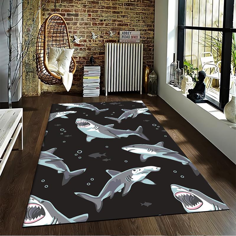 Shark Pattern Rug with Ocean Theme on Black Background Carpet Suitable for use as an anti-slip for living room bedroom sofas