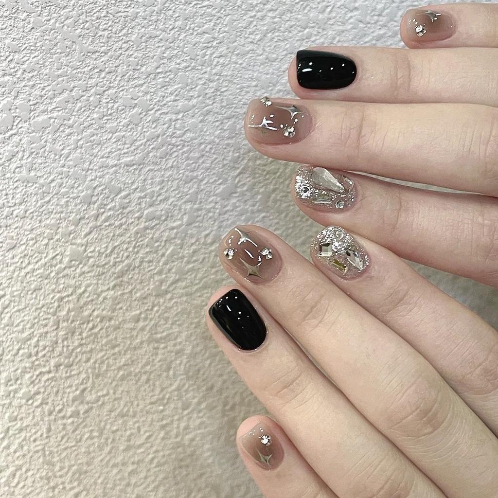 Sticker Nail Handmade Set With Black Shiny Rhinestones Star Suitable Patterns