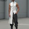 Men Stand Neck Sleeveless Buttons Side Splits Irregular Tank Tops