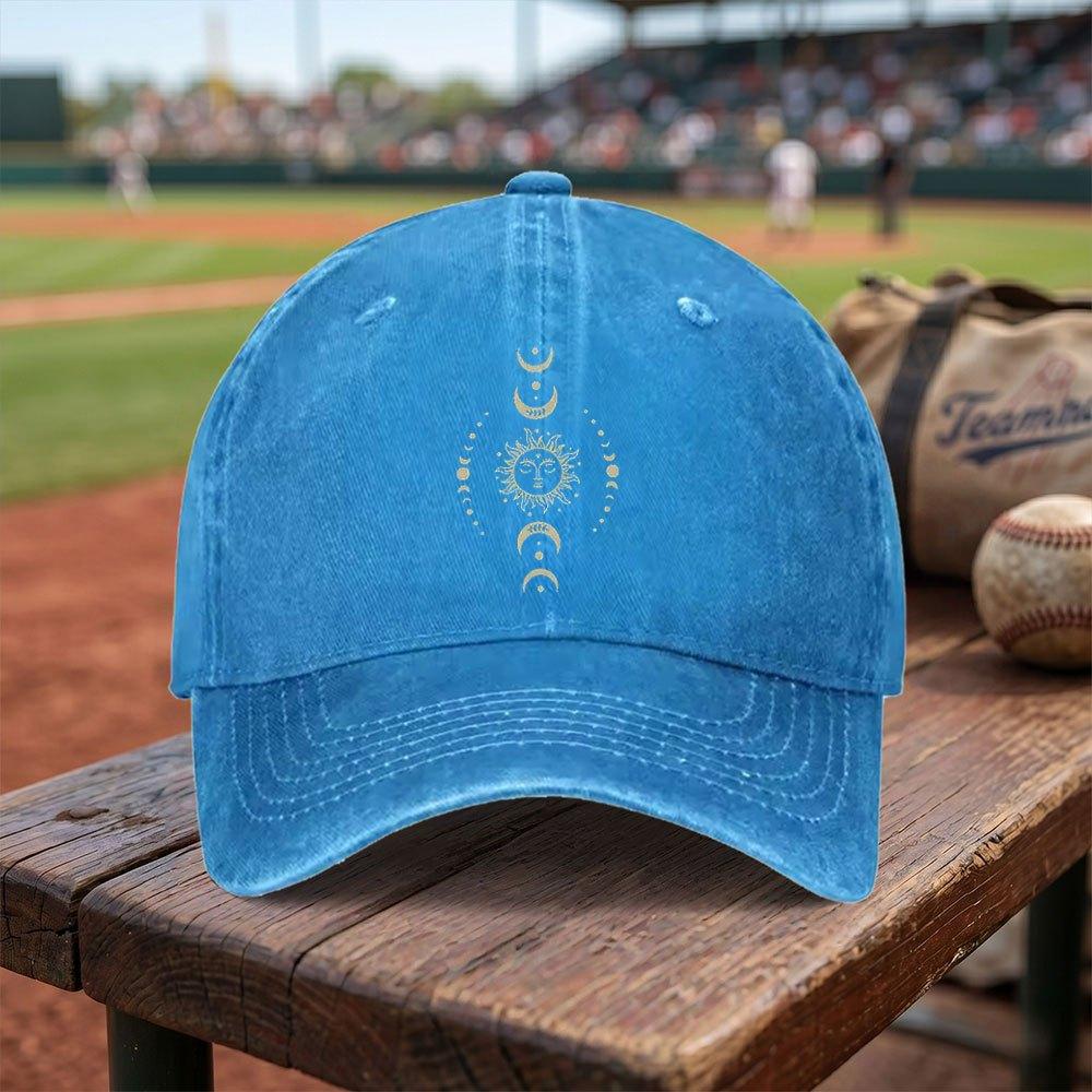 Mysterious Sun Moon Washed Baseball Cap Adjustable Buckle Lightweight Breathable Unisex Cap