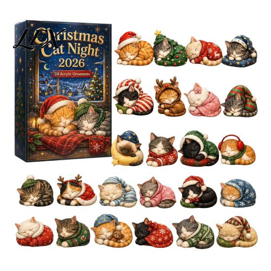 Decorative Christmas Accents Cat Advent Calendar, 24 Day Countdown with Cute Ornaments, Calendar for Boys 2D Acrylic Kitty Holiday Decorations,