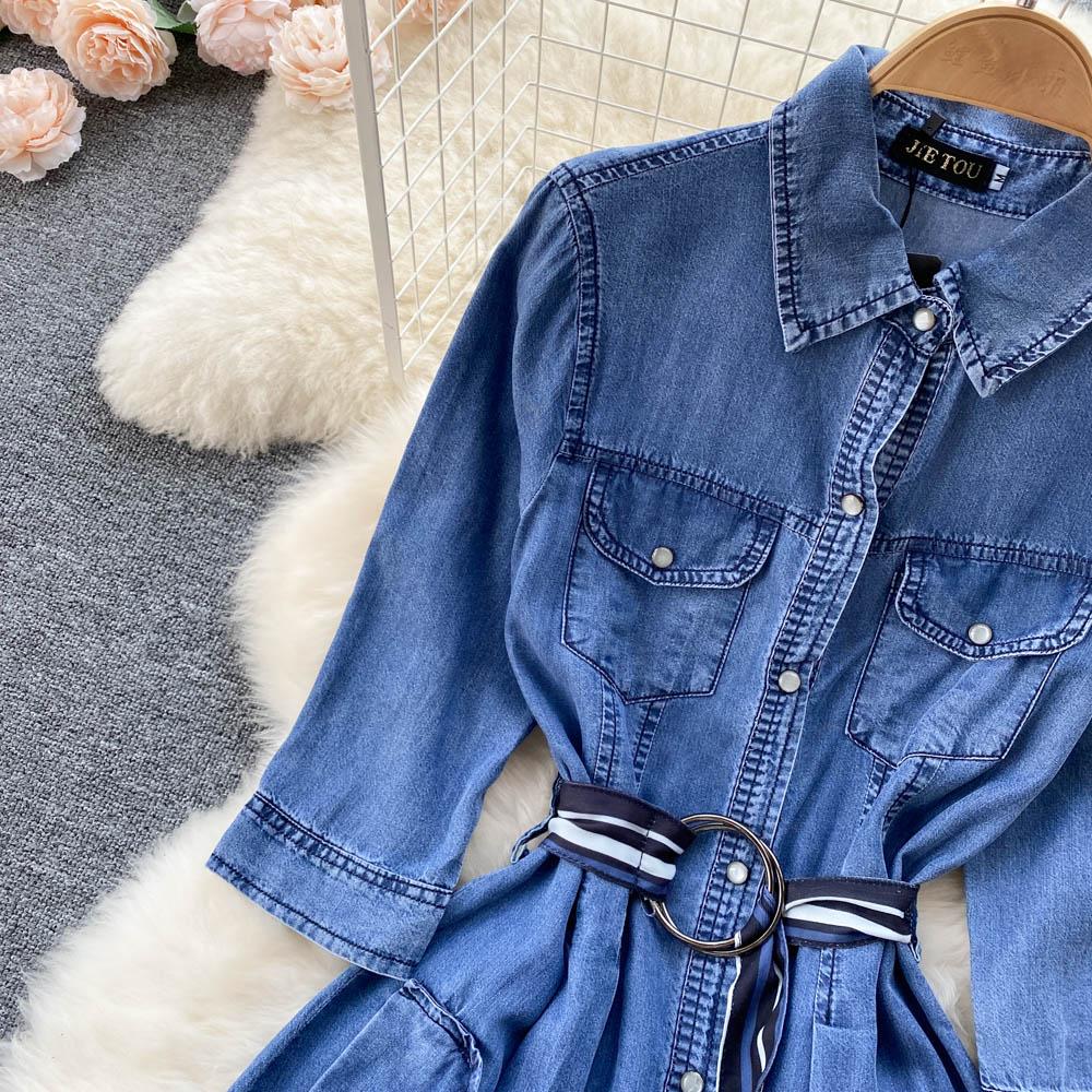 RUGOD Джинсовое платье, весеннее новое женское модное платье в западном стиле с длинными рукавами и высокой талией, нестандартное платье длиной до колена с большим качелем