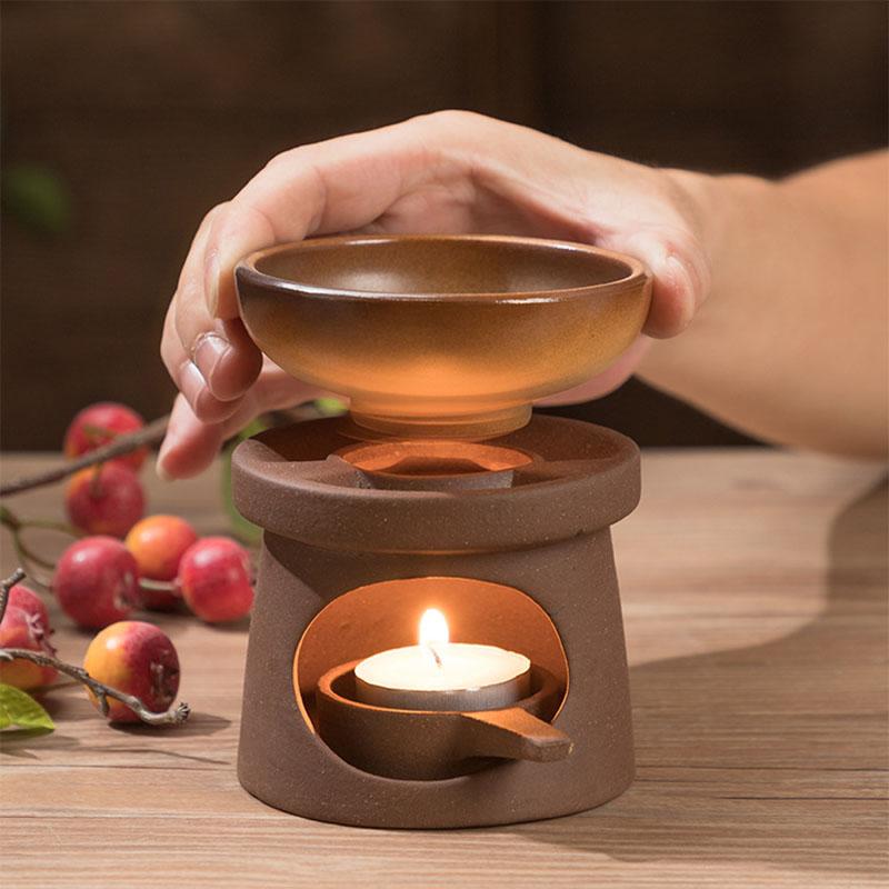 3 in 1 Coarse Pottery Candle Heating Tea Warmer Set Ceramics Japanese Reed Diffuser Essential Oil Furnace Household Home Decor