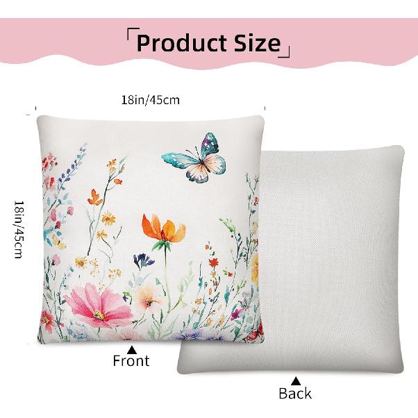 Set of 4 Spring Floral Throw Pillow Covers 18x18 Inches,Soft Linen Cushion Cases with Wildflowers Plants and Butterfly Garden Design for Couch Sofa