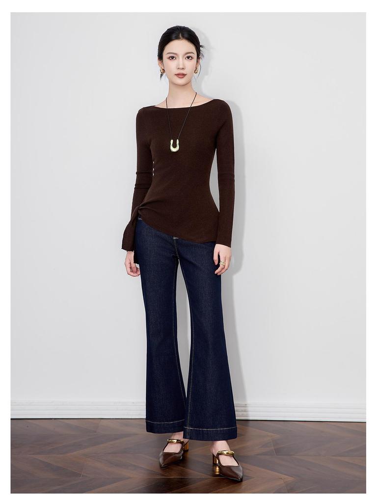 Design Sense Off-Shoulder Tie-Up Wool Knit Top: Minimalist Waist-Defining Long Sleeve for Early Autumn