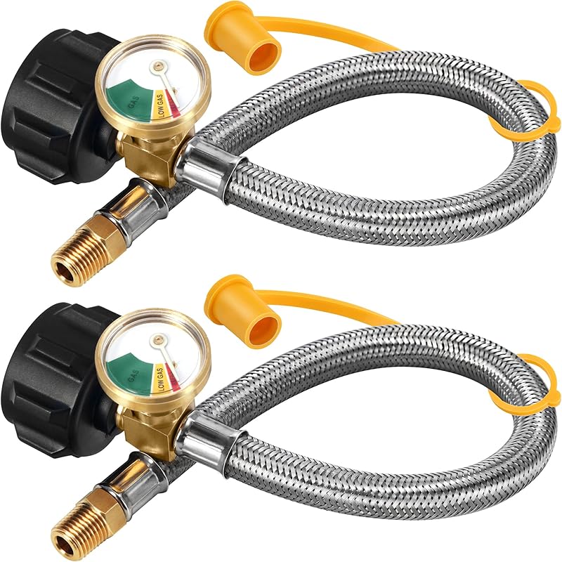 LONGADS 15 Inch (Packs Of 2) RV Propane Hoses With Gauge, Stainless Steel Braided Camper Tank Hose,Rv Lp Gas Hoses Connector For Standard Two-Stage
