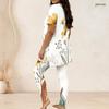 Women Plus Size Two Piece Outfit Round Neck Short Sleeve Yellow Floral Print Long Top And Leggings
