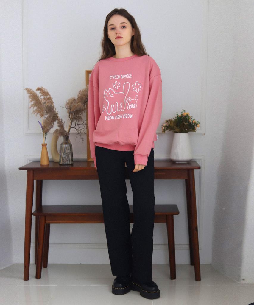 BONIEE [Fleece Lined Selection] Meow Cat Kitten Oversized Sweatshirt Pink