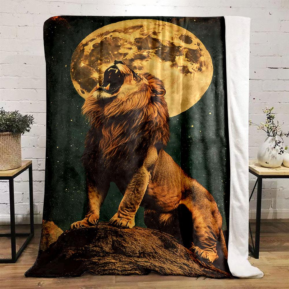 A roaring lion stands on a rock with a glowing full moon in the background. for all seasons blanket lunch break throw gift