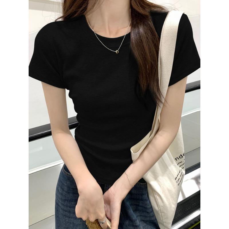 Футболка с короткими рукавами спереди на плече, летняя, новая, облегающая и маленькая, черная, короткая, для женщин