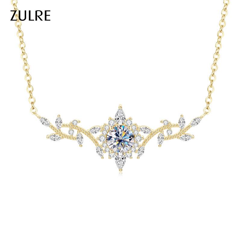 Fine Jewelry Moissanite Necklace Elegant Vine Plant V-Neck Collarbone Chain Sun Flower Floral-Style Pendant Necklace for Women