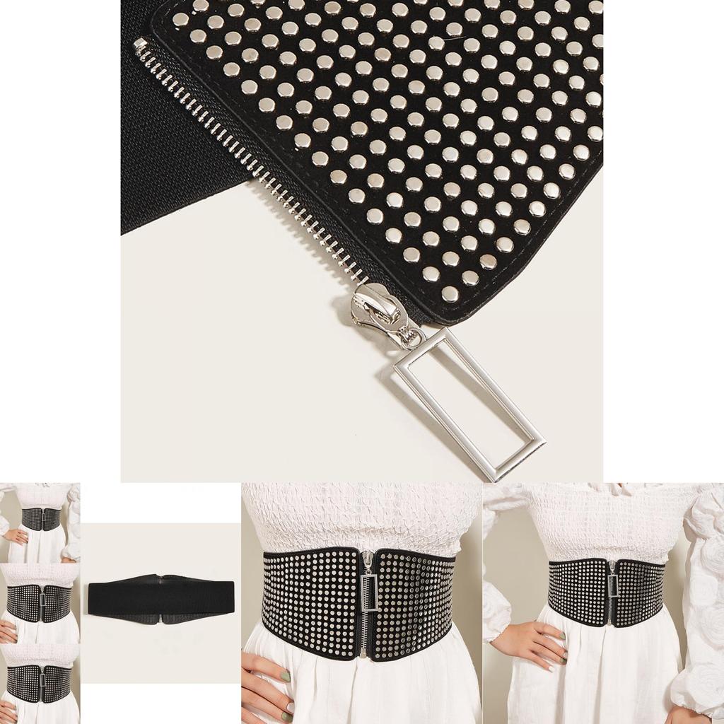 Faux Leather Wide Waist Belt For Women With Metal Buckle And Rivet Detailing