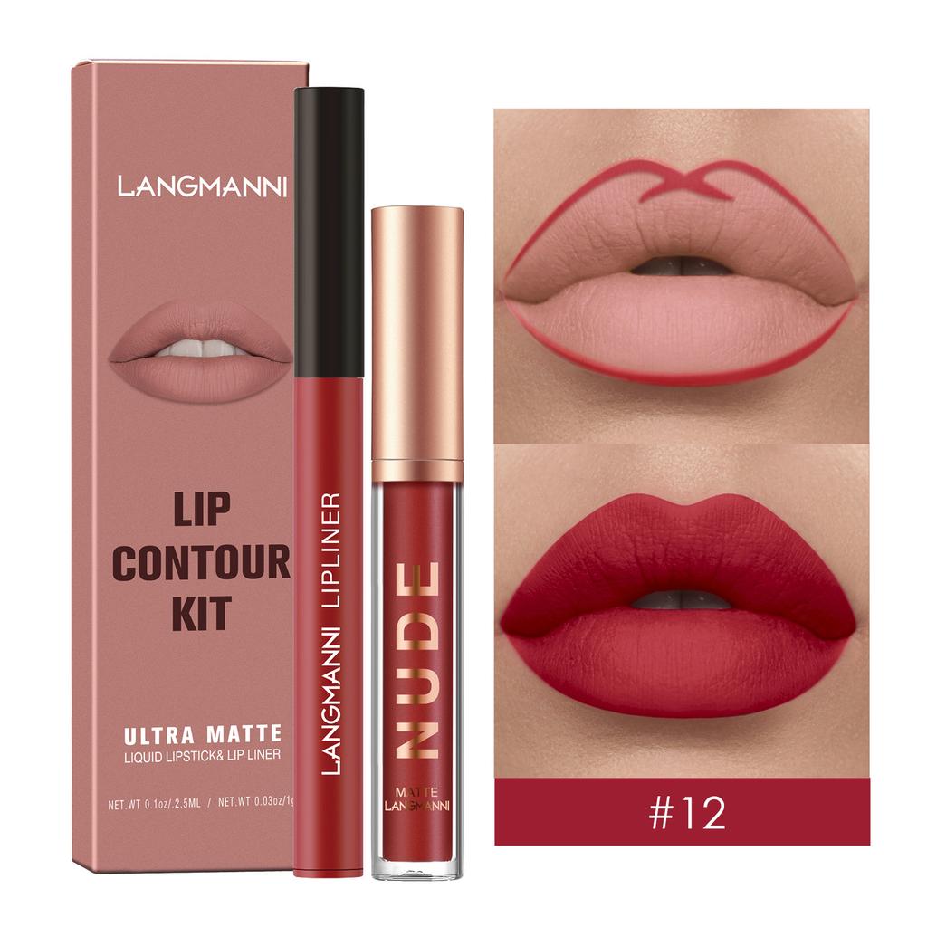 Langmanni Lip Gloss Lip Liner Set 2 Sets Non-sticky Cup Matte Lip Gloss Set