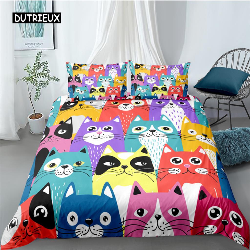 Cartoon Cat Duvet Cover Set for Kids Girl Microfiber Kitten 2/3pcs Cartoon Animal Bedding Set Single Twin Queen King Quilt Cover