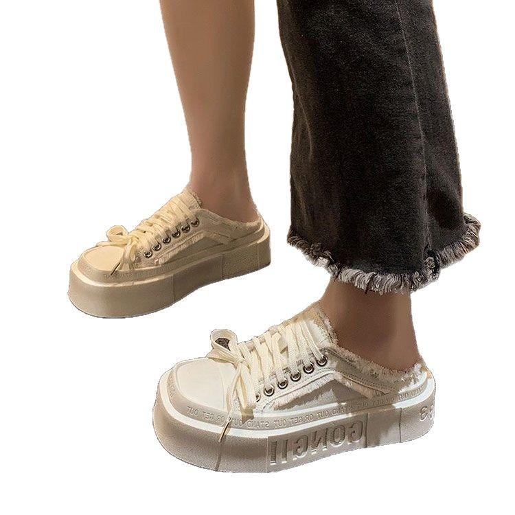 Интернет-знаменитости популярные парусиновые туфли женские весна-лето 2025 новые на толстой подошве с одной педалью легкие повседневные тапочки с сумкой на голову классные тапочки