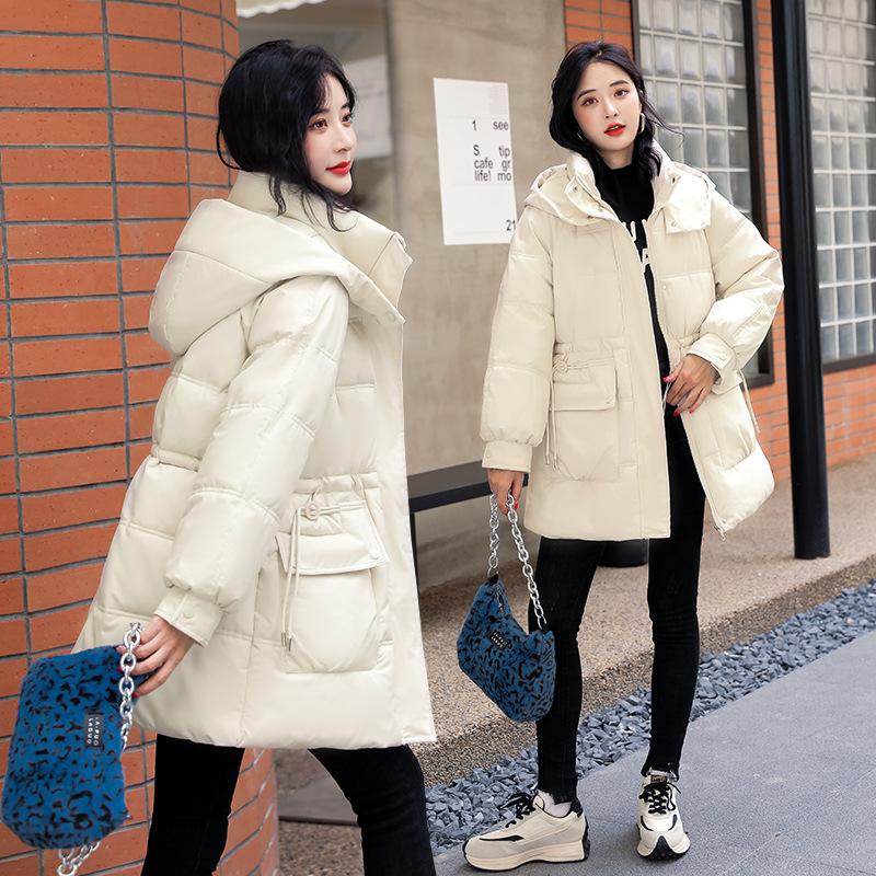 Пуховик с хлопковой подкладкой для девочек, длинный, толстый, зимняя одежда, с капюшоном, кулиской на талии, большим карманом, пальто с хлопковой подкладкой