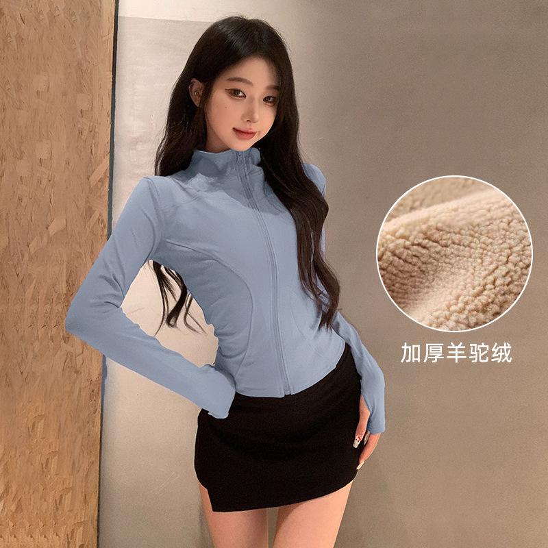Spring Zipper Cardigan Fleece Thickened Yoga Jacket Women's Stand-Up Collar Sports Fitness Clothing Running Fitness Training Long Sleeves