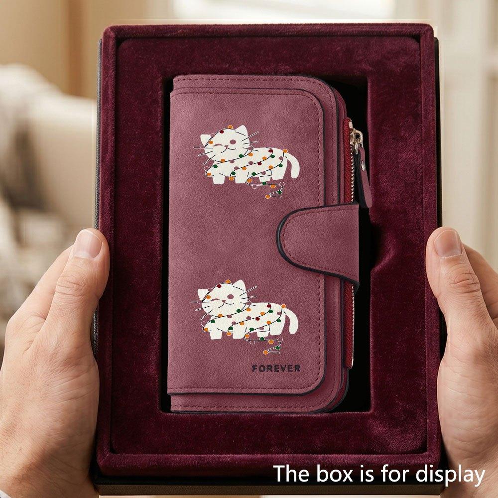 Unique Christmas lighted cat design men's large-capacity wallet with business card slot and cash pocket, suitable for formal occasions and office