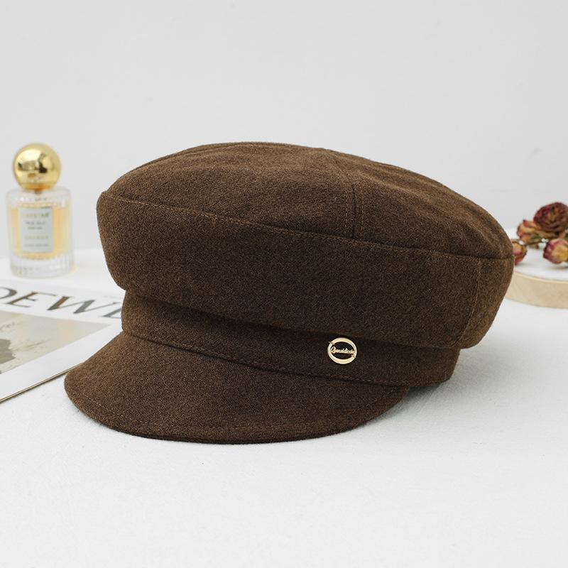 Female autumn and winter versatile British style fashion dome military hat outdoor windproof octagonal hat warm face small painter hat tide