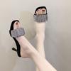 One-word Sandals Are Beautiful and Not Tired of Feet 2025 Summer New Temperament Black Rhinestone Thin Heel Square Head Drag High Heels