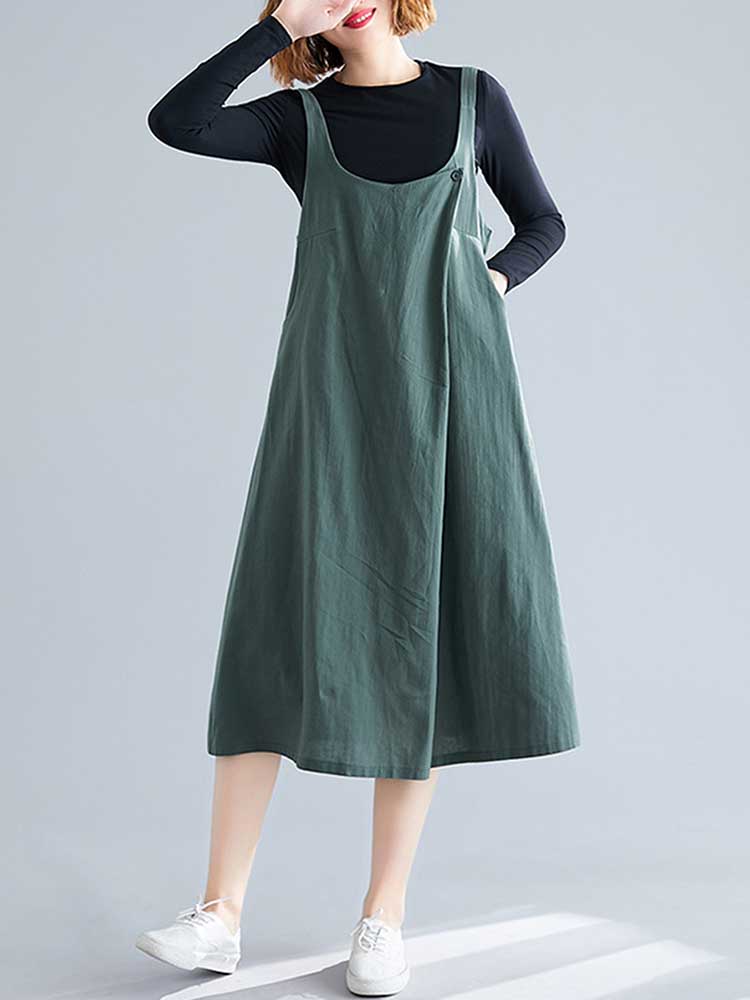 Женское хлопково-льняное платье-сарафан с широкими бретелями, нагрудными карманами на пуговицах и открытой спиной, повседневная свободная линия