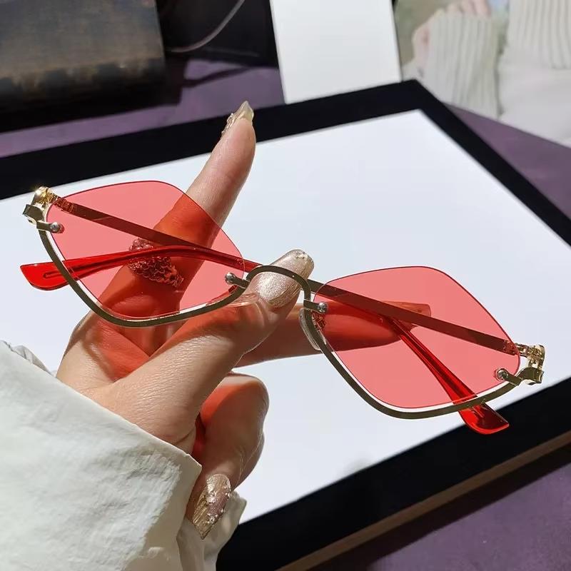 New Half Frame Diamond Shaped Sunglasses Metal Women Simple Trend Sunglasses Men Dopamine Small Frame Outdoor Sunglasses