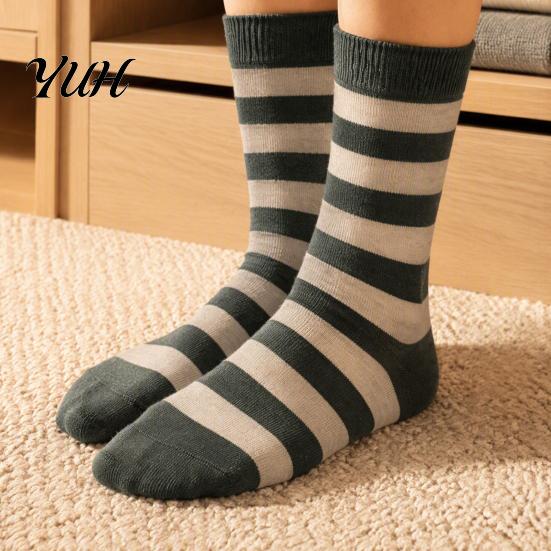 Comfortable Business Dress Socks 1 Pair Men's Stripe Crew Socks, Mid-Calf for Business, Large Size Casual Breathable Cotton with High-Elastic