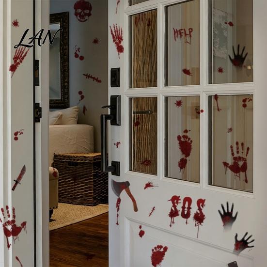 Creepy Text Halloween Decals Horror Stickers, with Spooky Handprints Footprints Printed, Wall Stickers Self-adhesive Decals, for Party And Decorations