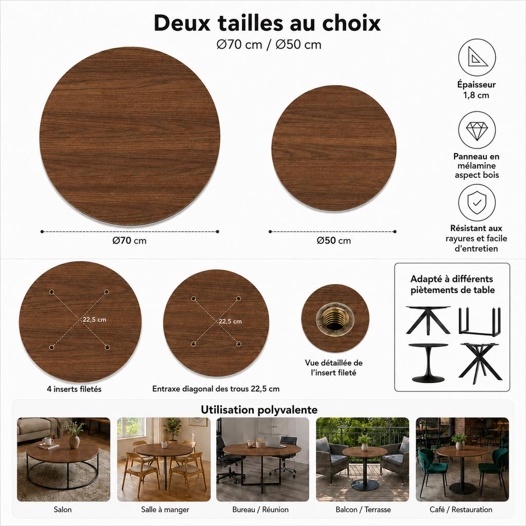 2-Piece Set Round Table Tops, Walnut Wood Look, diameter 70 cm Dining Table Top + diameter 50 cm Side Table Top, Table Top Only