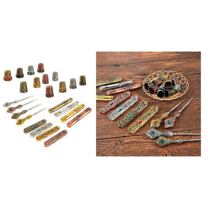 Elegant Metal Needle Case Sewing Thimble Rings Perfect Sewing Tool Awl Tool for Craft Lover Vintage Look Storage Holder