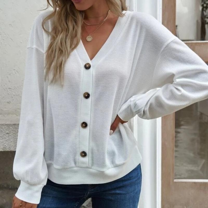 Осенне-зимний женский топ с длинными рукавами и v-образным вырезом, свободная женская футболка с v-образным вырезом на пуговицах и длинными рукавами