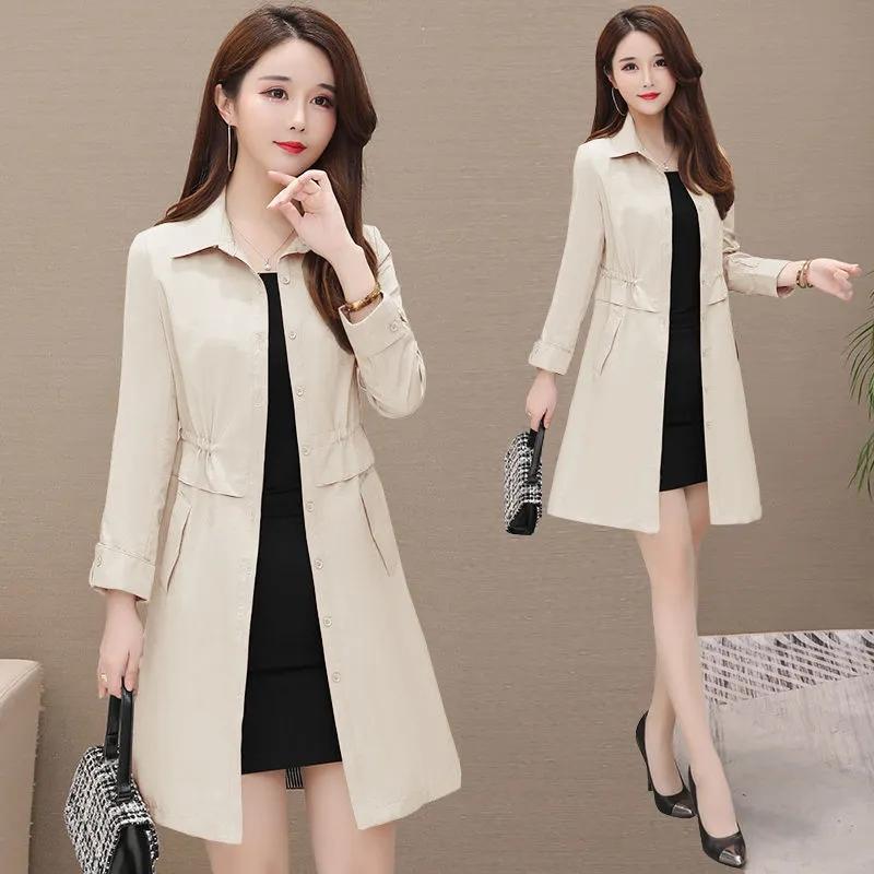 Women's Windbreaker Mid-length Spring and Autumn Solid Color Korean Version Slim Waist Tightening Large Size Slim Coat