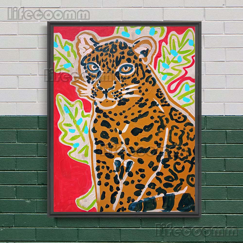 Красный ягуар, журавли и жирафы Современная мода Искусство Печать плакатов Бохо Народное искусство Животные Настенное искусство Холст Картина Украшение дома Без рамки