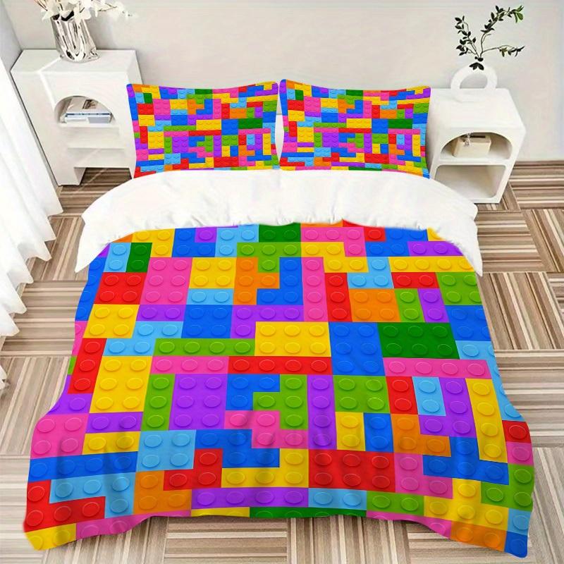 3pcs set Building block jigsaw puzzle 1 Quilt Cover + 2 Pillowcases, All Seasons Bedroom Setting, Perfect for Home and Dorm Decor a195