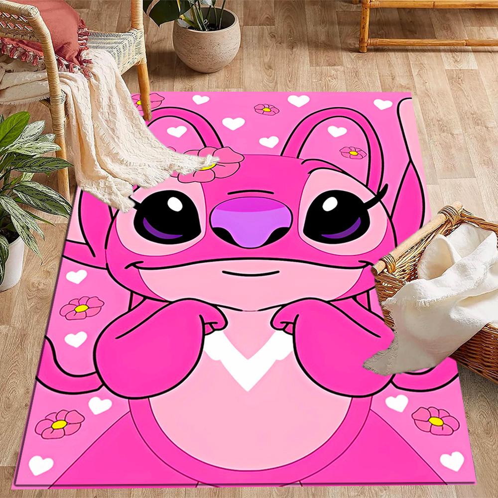 Pink Stitch Heart Background Disney Cartoon Theme Anti-Slip Rug - Polyester, Home Decor, Suitable for Bedrooms, Living Rooms, Doorways, and Studios