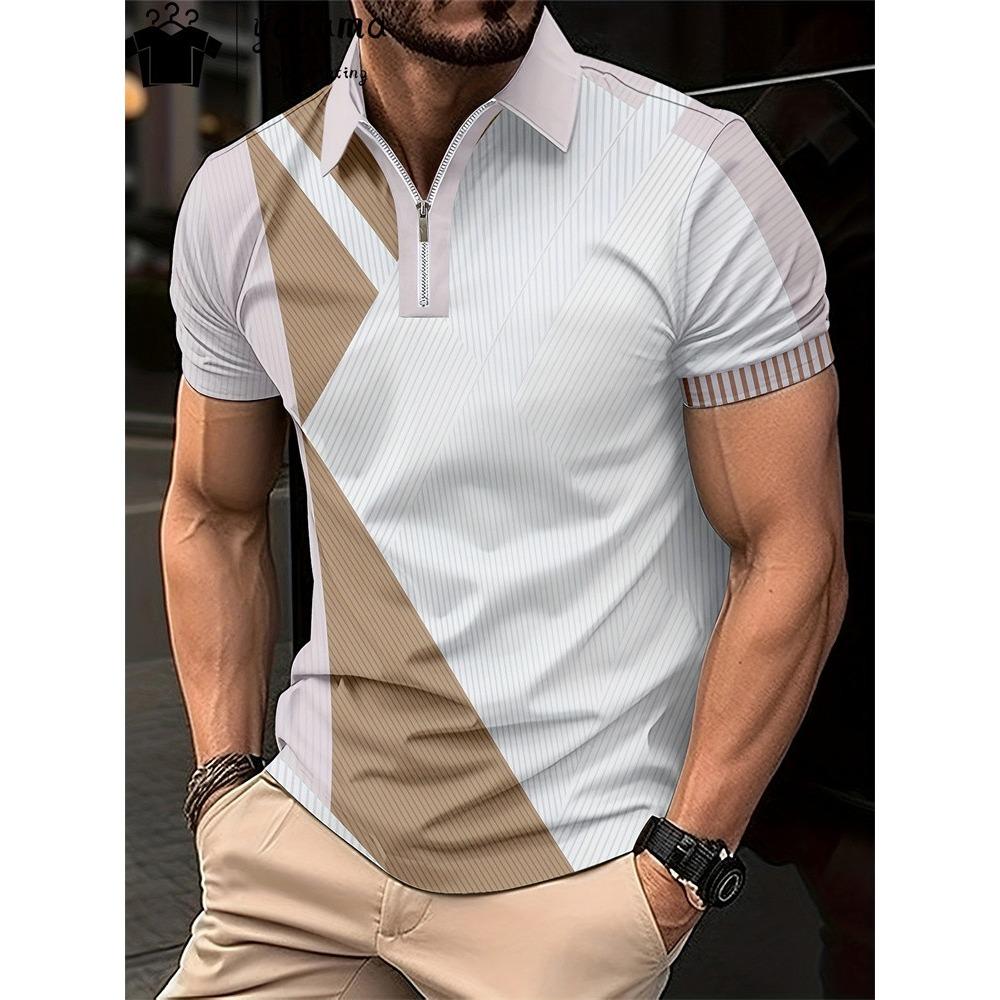 Мужская футболка-поло на молнии, модная клетчатая футболка с 3D-принтом, повседневная деловая футболка, мужское поло, уличная футболка с коротким рукавом на молнии
