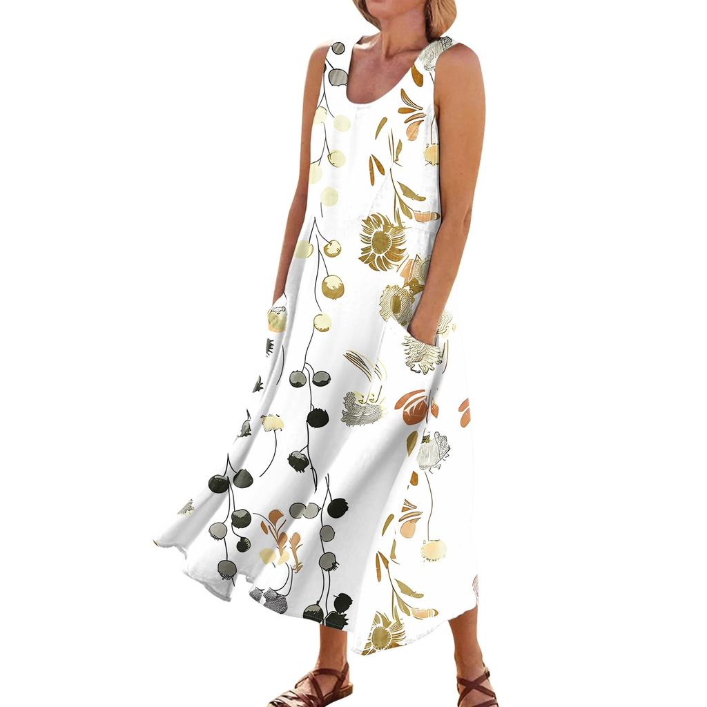 Платье без рукавов для женщин. Женское летнее повседневное модное платье без рукавов с круглым вырезом и карманом с принтом.