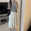Cream A-line Midi Skirt: Spring/Summer, Chinese Style, Elastic High Waist