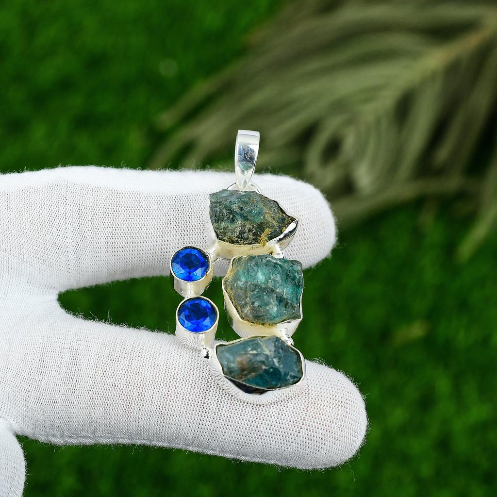 Wedding Gift For Her 925 Sterling Silver Natural Apatite Rough Gemstone Pendant