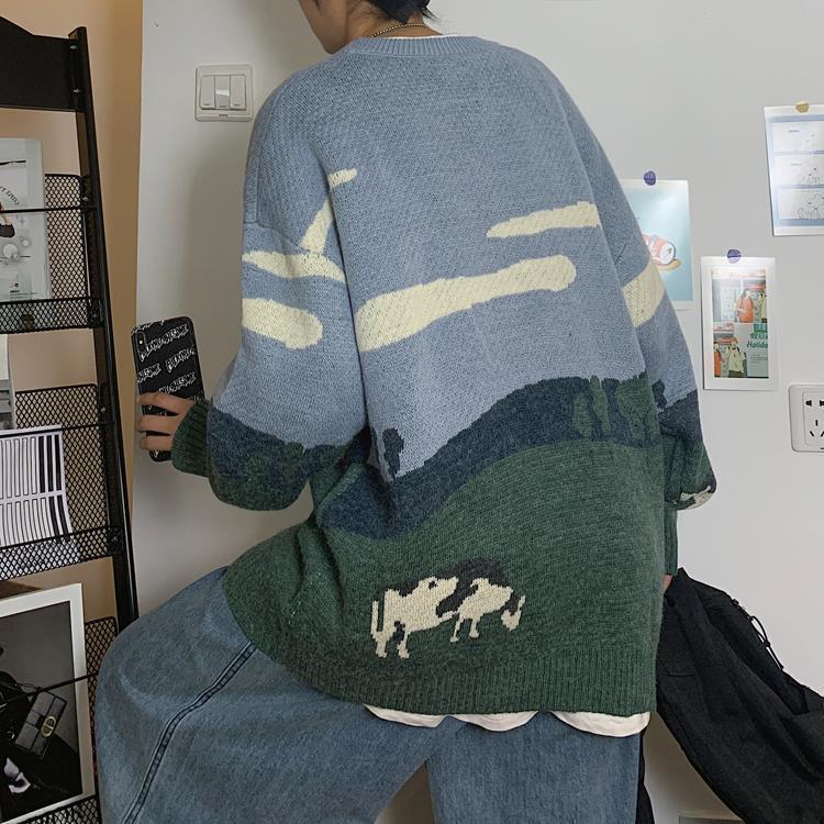 Свитер в стиле ретро с круглым вырезом и коровьим узором, мужской зимний модный пуловер, женский повседневный трикотаж