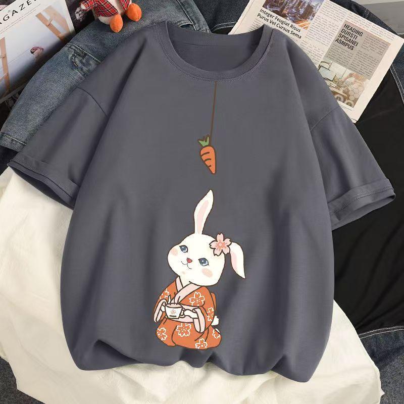 Футболка с изображением кролика из хлопка для женщин 2025 года, летние новые белые трендовые женские свободные топы с короткими рукавами