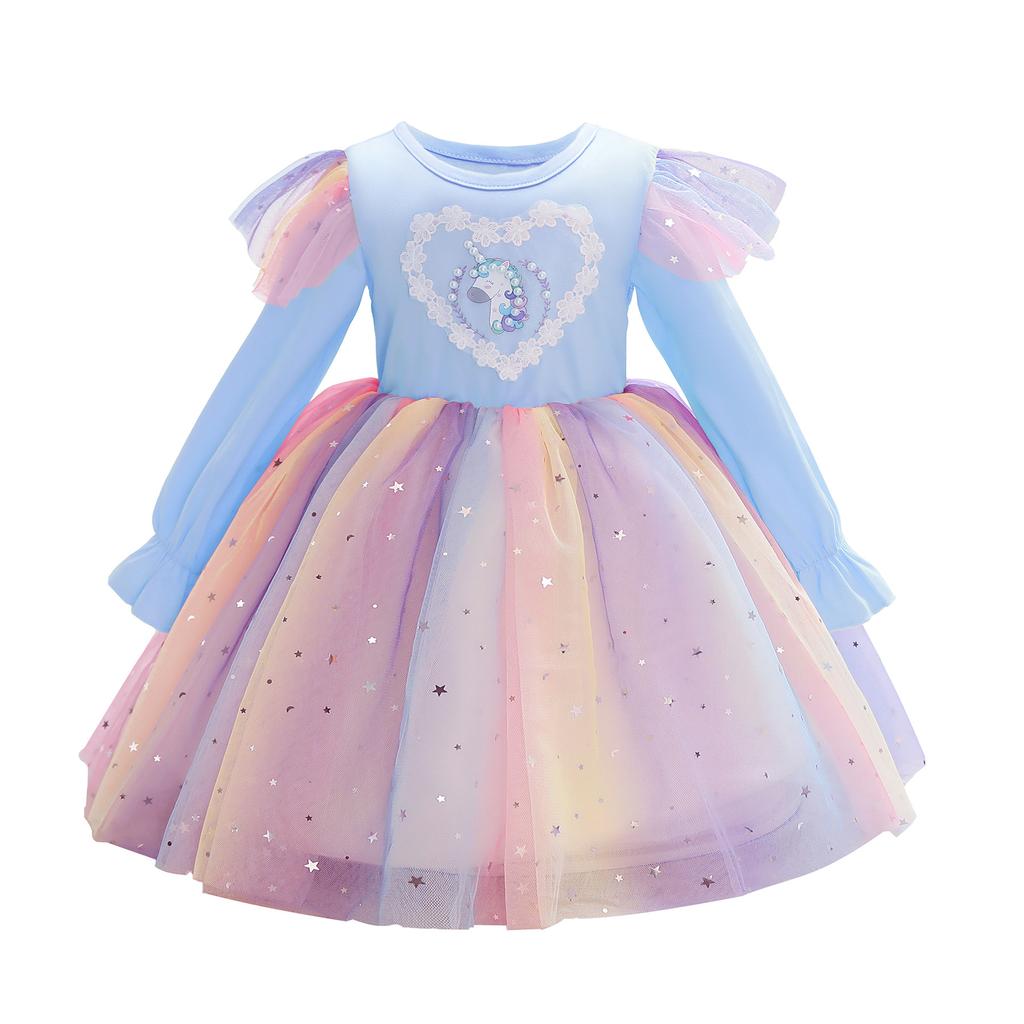 2024 New Spring Autumn Toddler Daily Girls Dresses Long Sleeve Sequin Unicorn Princess Costume Tutu Party Xmas Gift 3-10 Years