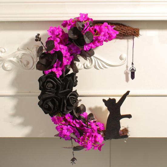 Хэллоуинский венок «Лунный кот» для входной двери, венок в виде полумесяца, табличка с искусственными цветами роз для готического домашнего декора