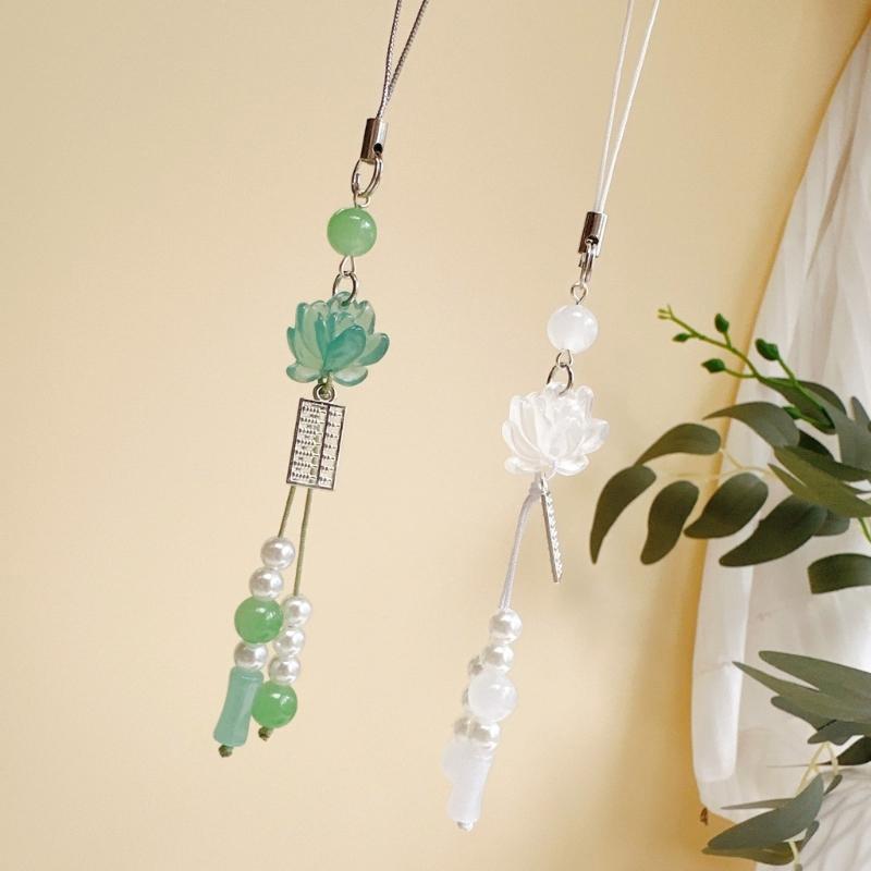 Подвеска-брелок в виде цветка лотоса для телефона в старинном стиле с акриловыми бусинами, шнурок для мобильного телефона из бисера ручной работы