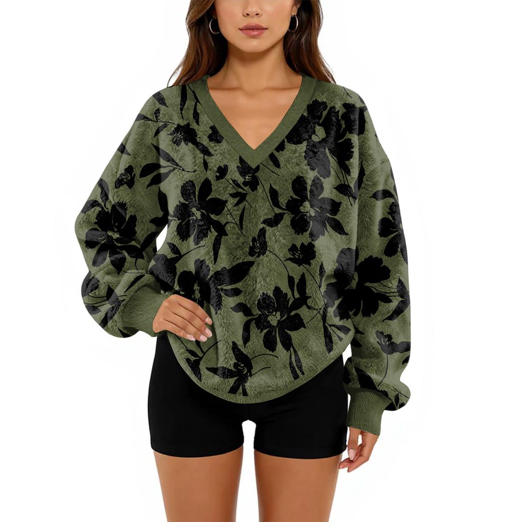 Women's V-Neck Sweatshirt Plush Solid Color Casual Fashion Long Sleeve With Pocketed Pullover Top