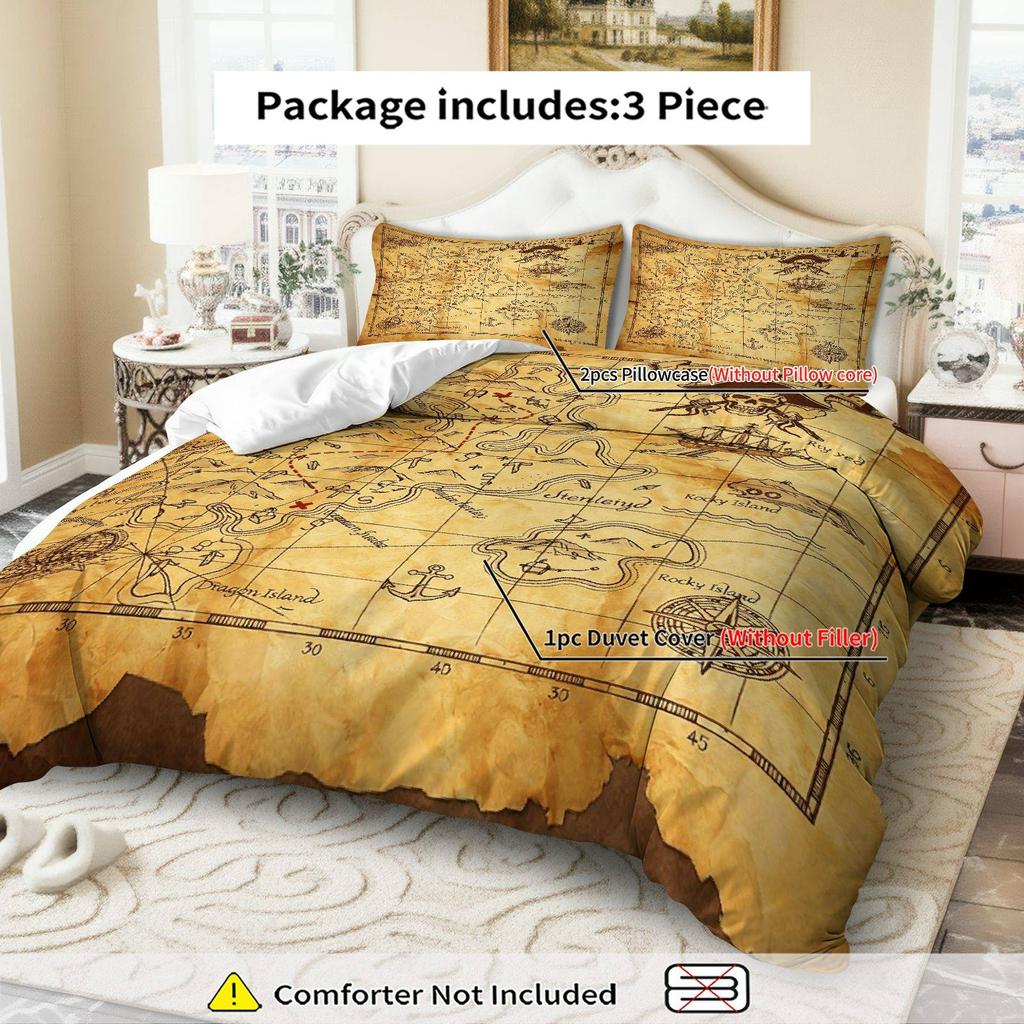 Customize 3pcs Duvet Cover Set, 1 Duvet+2 Pillowcases( Without Filler), Vintage Treasure Map Nautical Explorer Adventure Theme,