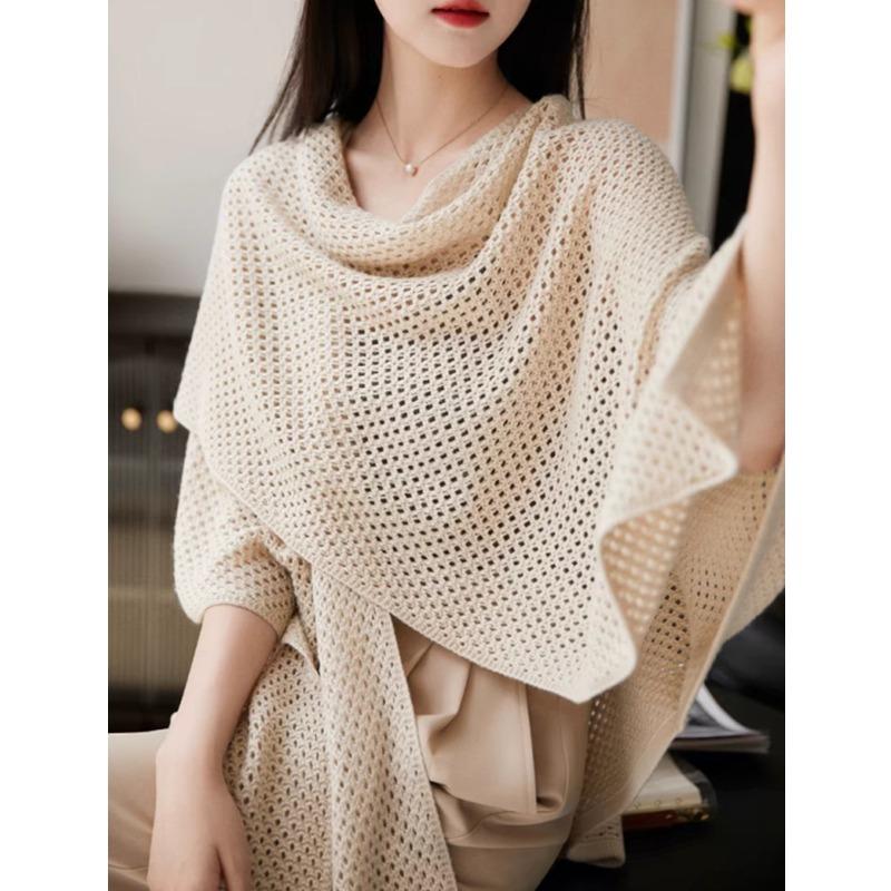 Fashion Women Knitted Cardigan Cover Up Spring Autumn Sweater Elegant Solid Shawl Ponchos Hollow Out Thin Long Sweater Casual Loose Coat Clothing