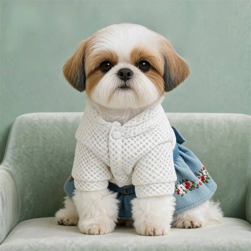 BXX Pet Denim Dress Spring Floral Embroidery Bow Skirt With Traction Hole For Small Puppies XS-XL Single Color