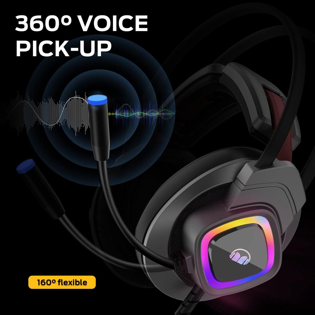 Monster Mission Bot Gaming Headset PC Gaming Headphones with Noise Canceling Mic Colorful RGB Lights Adaptive Suspension Headband Compatible with One